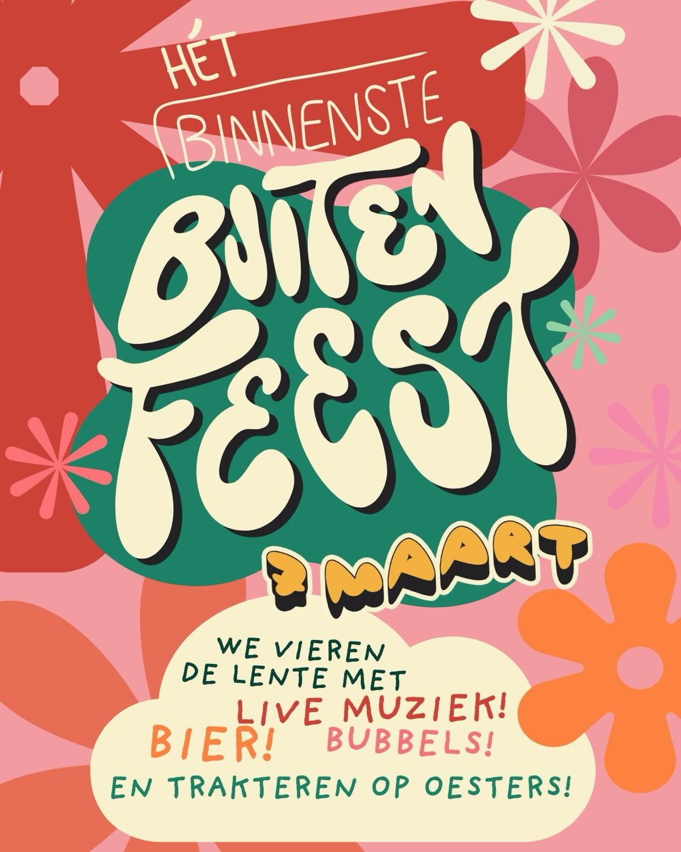 Poster van het Binnenstebuiten Feest met live muziek, bier en bubbels